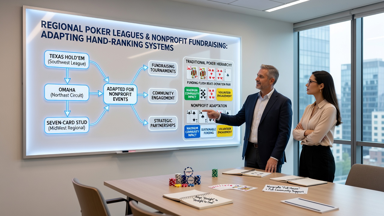 Nonprofit fundraising poker table with adapted hand-ranking charts posted for participants