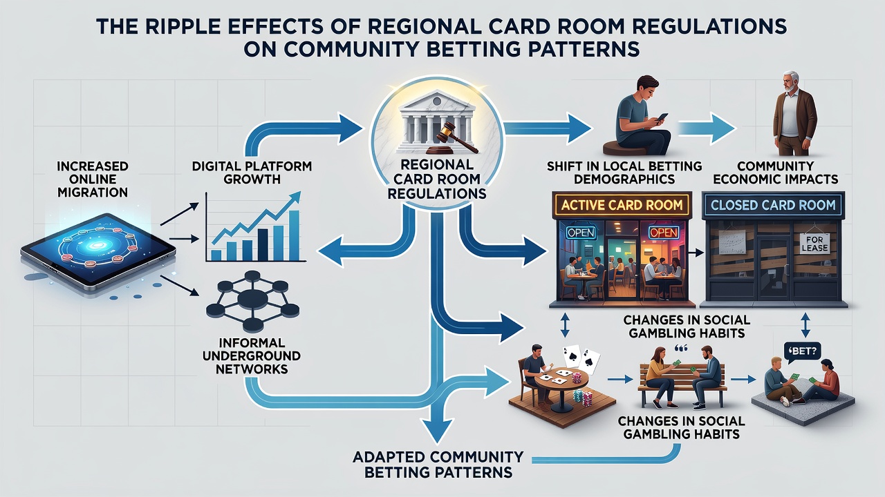 Community members discussing betting options at a local card room after regulatory changes took effect