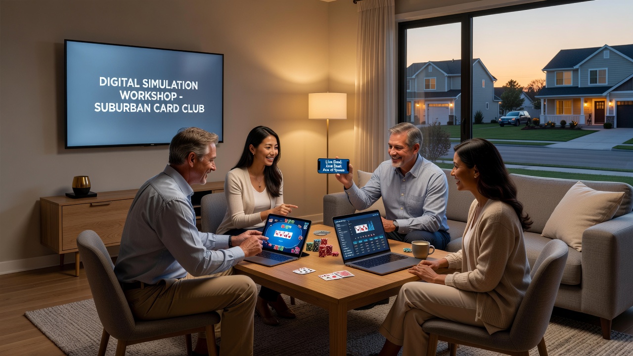 Close-up view of a laptop displaying card simulation software during a neighborhood gathering