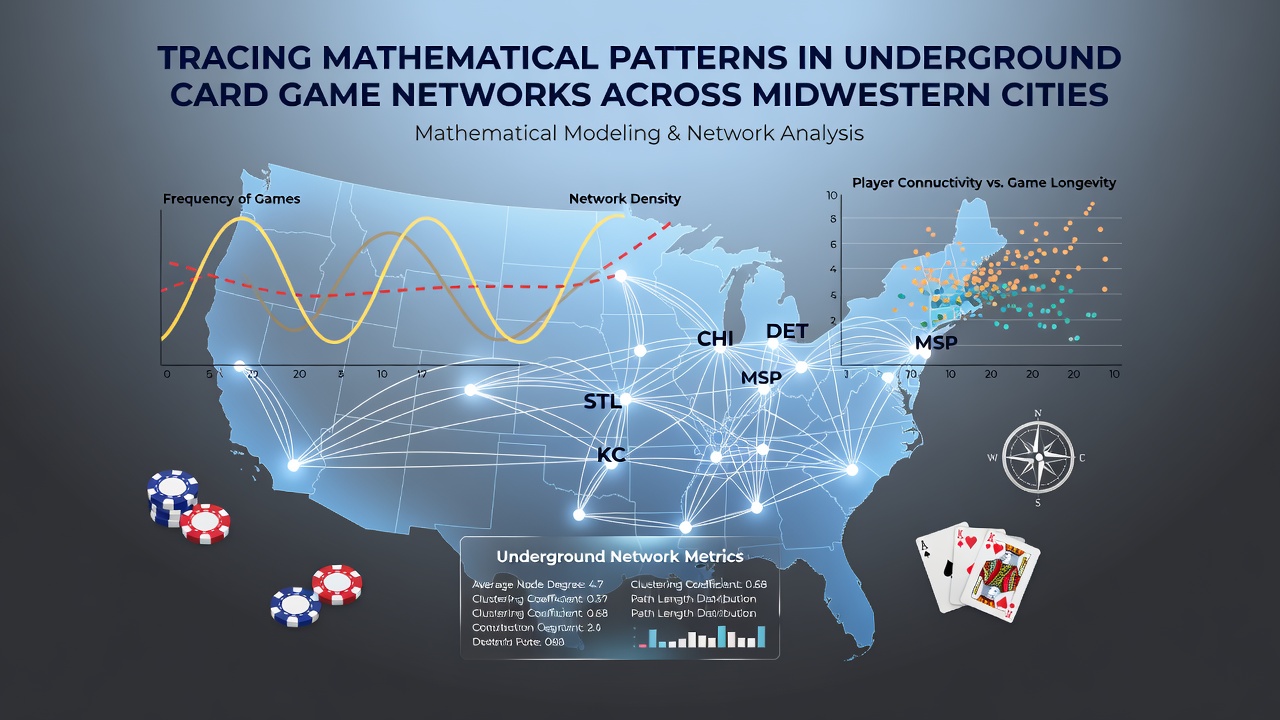 Detailed graph visualization of card game participant connections with highlighted clusters and mathematical annotations